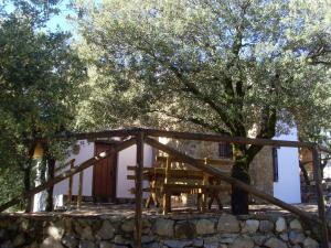 托雷斯Casas Rurales Cortijos el Encinar的一座有树和石墙的房子