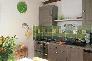 Saint-UrbainMoulin De Beuzidou的厨房的墙壁上铺有绿色瓷砖,设有水槽