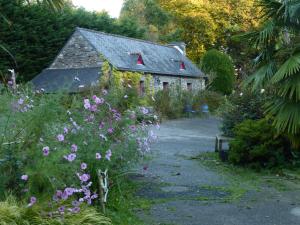 Saint-UrbainMoulin De Beuzidou的一座小石头房子,前面有鲜花