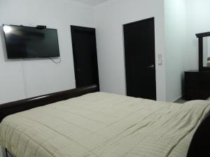 圣地亚哥洛斯卡巴Residencial Vista Del Bosque的一间卧室配有一张床和一台平面电视