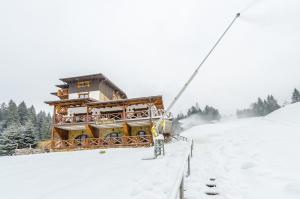 布克维Chalet CrepDeChine Hotel的雪中起重机起重的滑雪小屋