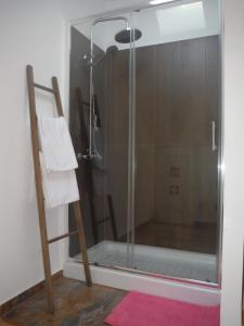 米尔芳提斯城Stressfree Suite的玻璃门淋浴和毛巾
