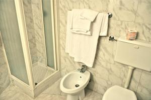 米兰米兰韦基亚酒店的带淋浴、卫生间和毛巾的浴室