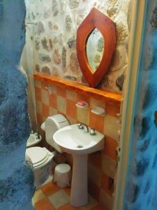 拉里奥哈Cabañas Altos del Velazco的一间带水槽、卫生间和镜子的浴室