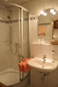 米滕瓦尔德爱普玫瑰酒店的带淋浴、盥洗盆和淋浴的浴室
