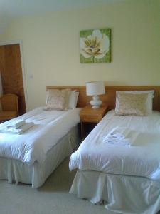 皮克林坦塔拉乡村酒店的一间卧室设有两张床和一张桌子上的台灯。