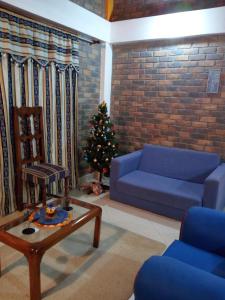 派帕Casa De Los Colores的客厅配有蓝色的沙发和圣诞树