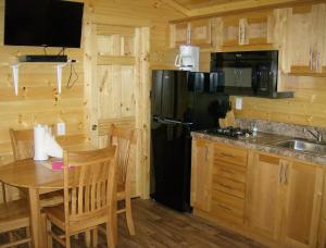 NicolausLake Minden Camping Resort Cottage 2的厨房配有黑色冰箱和桌子