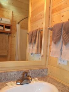 棕榈荒漠Palm Springs Camping Resort Cabin 3的一间带水槽和镜子的浴室