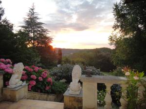 贝尔韦Le Tambourinet的花园内有雕像和鲜花,背景是日落