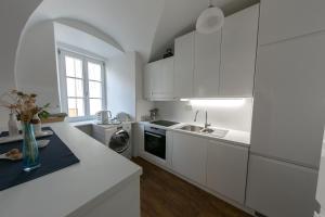 卢布尔雅那3 Bridges App的白色的厨房配有白色橱柜和水槽