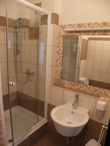 奥洛穆茨米勒特尔酒店的一间带水槽、淋浴和镜子的浴室