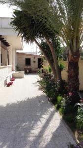 切萨雷奥港Villa Ginevra的一座庭院,在一座建筑前方种有棕榈树和鲜花