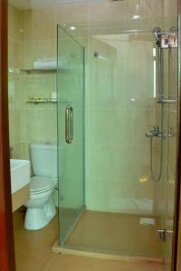 麻坡麻拉尔99酒店的一间带卫生间和玻璃淋浴间的浴室
