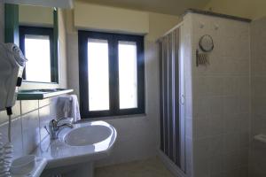 伊格莱西亚斯萨罗卡假日农场酒店的一间带水槽、窗户和淋浴的浴室