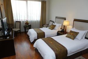 亚的斯亚贝巴Wassamar Hotel的酒店客房设有两张床和一台平面电视。