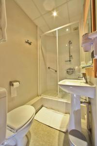 绍维尼Logis Hôtel Le Lion d'Or的浴室配有卫生间、盥洗盆和淋浴。