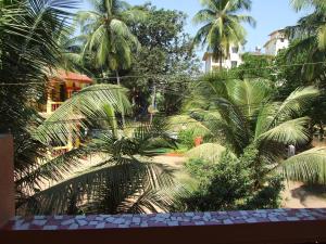卡兰古特Empire Guest House的享有棕榈树花园和建筑的景色