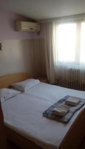 斯科普里Hostel Mlin Balkan的一张带两条毛巾的床和窗户