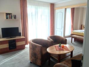 奥斯赛拜-塞林吕根岛别墅酒店的客厅配有两把椅子、一张桌子和电视