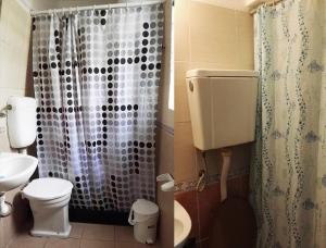 埃斯特角城Planet Punta del Este Hostel的带淋浴、卫生间和盥洗盆的浴室