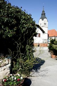 勒什Baroque villa near Bled - Resort Vidmar的钟楼旁的锅里的植物
