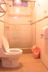 利马Waikiki Hostel的一间带卫生间和玻璃淋浴间的浴室