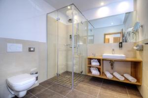 马尔尼茨Hotel Bergkristall的带淋浴、卫生间和盥洗盆的浴室