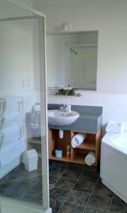 旺格努伊江景汽车旅馆 的一间带水槽和镜子的浴室