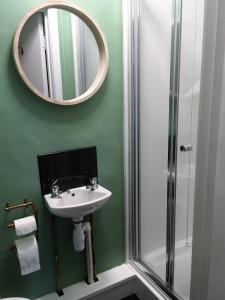 布莱奈费斯蒂尼奥格Self Catering Cellb Ffestiniog的一间带水槽、镜子和淋浴的浴室