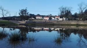 ArieiroPro Touristic Montejunto Villas的一片水体,有树和建筑背景