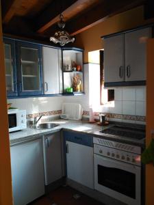 VillahormesCasa Rural Casa Azul的厨房配有白色橱柜、水槽和微波炉