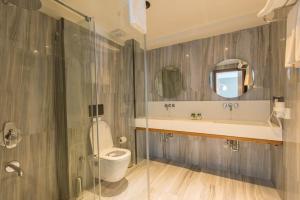 AvdancıkAbant Lotus Otel的浴室配有卫生间、盥洗盆和淋浴。
