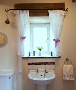 Saint CletherThe Old Wagon House的一间带水槽的浴室和一个带窗帘的窗户