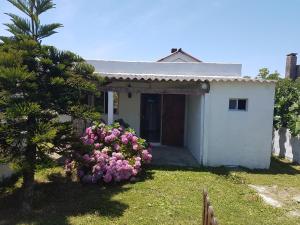 阿加斯杜尔斯Los Lachos的院子里有粉红色花的小白色房子
