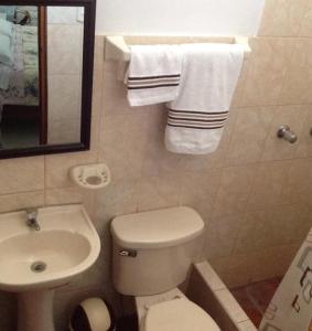 伊察Hostal La Estancia的浴室配有卫生间、水槽和毛巾。