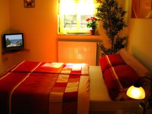 奥斯赛拜-屈隆斯博恩Uns Strandhus的一间卧室设有一张床、一个窗口和一台电视