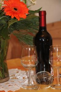 卡斯特尔罗托Planitzhof的桌子上放有一瓶葡萄酒和两杯酒