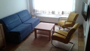 黑马戈尔利斯贝思安布拉公寓的客厅配有蓝色的沙发和两把椅子