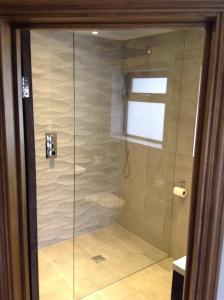 桑德斯富特Pen Coed Cwtch Apartment的浴室里设有玻璃门淋浴