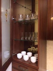 基辅Alexandra Apartments Industrial Bridge的木柜,里面装有碗和玻璃杯