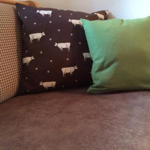 鲁波尔丁Schifterhof Ruhpolding的一张带枕头的沙发,上面有羊
