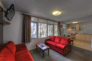 金德拜恩Kosciusko Tourist Park的客厅配有红色的沙发和桌子