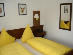SaldenburgPension Bergstub`n的一间卧室配有两张带黄色枕头的床。