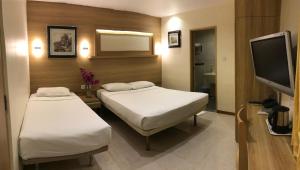 新加坡Robertson Quay Hotel的一间酒店客房,设有两张床和电视