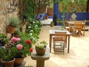 索列尔Casa Bougainvillea的一个带桌椅和盆栽的庭院