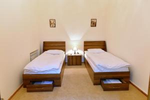 巴库巴库之家旅舍的带床头柜的客房内的两张单人床