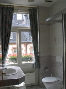 特里尔Hotel Römischer Kaiser的一间带卫生间、水槽和窗户的浴室