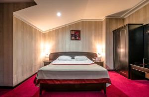 兹内特耶Kopala Tskneti Hotel的一间卧室配有一张大床和红地毯