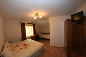 肯普隆格Pensiunea Valea Ursului的一间卧室设有一张床、一个窗口和一台电视